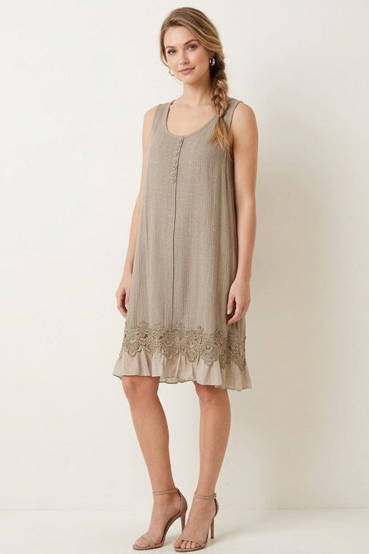 85000 Taupe Sleeveless Dress with Lace Hem