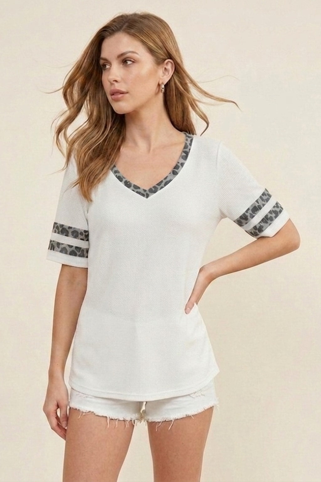 7827 White and Leopard Trim V Neck Top