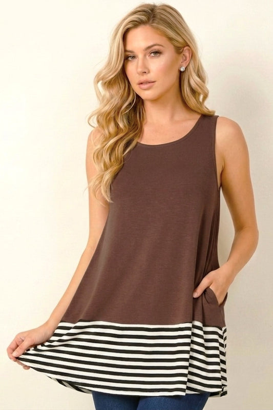 1734 Mocha Striped and Solid Contrast Sleeveless Top with side pockets