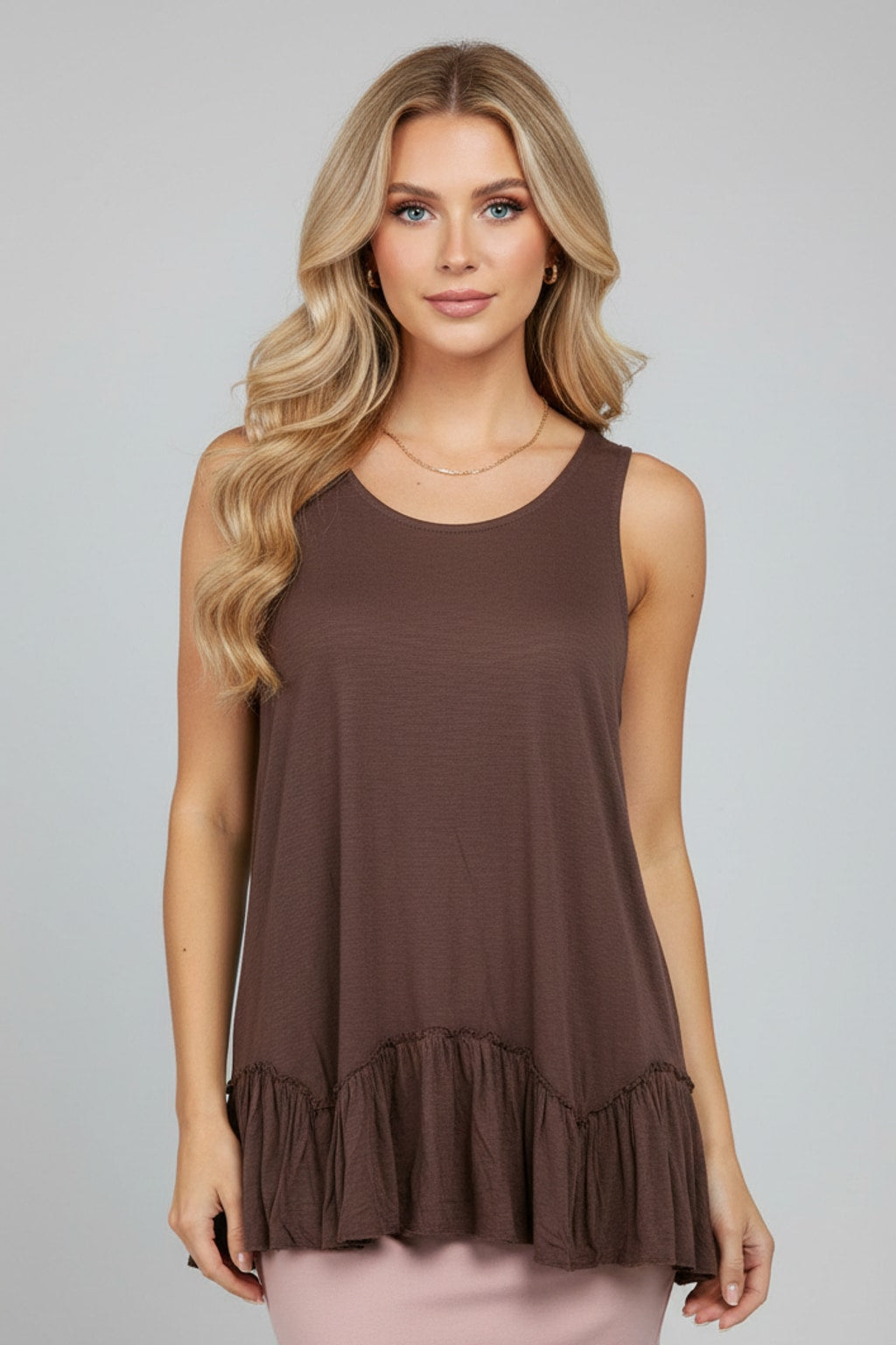 319 Cacao Brown Ruffle-Hem Sleeveless Top