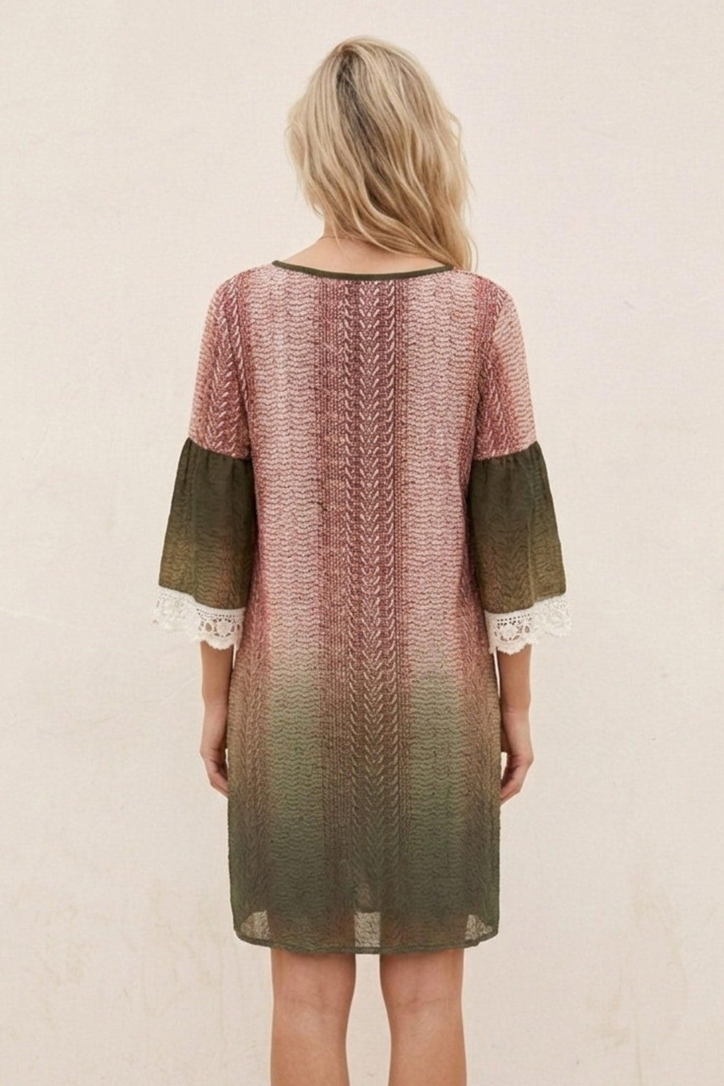 4399 Olive & Burgundy Crochet Trim Dress