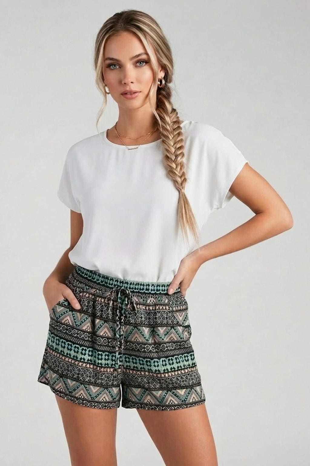 1579-10 Teal & Black Geometric Drawstring Shorts with pockets