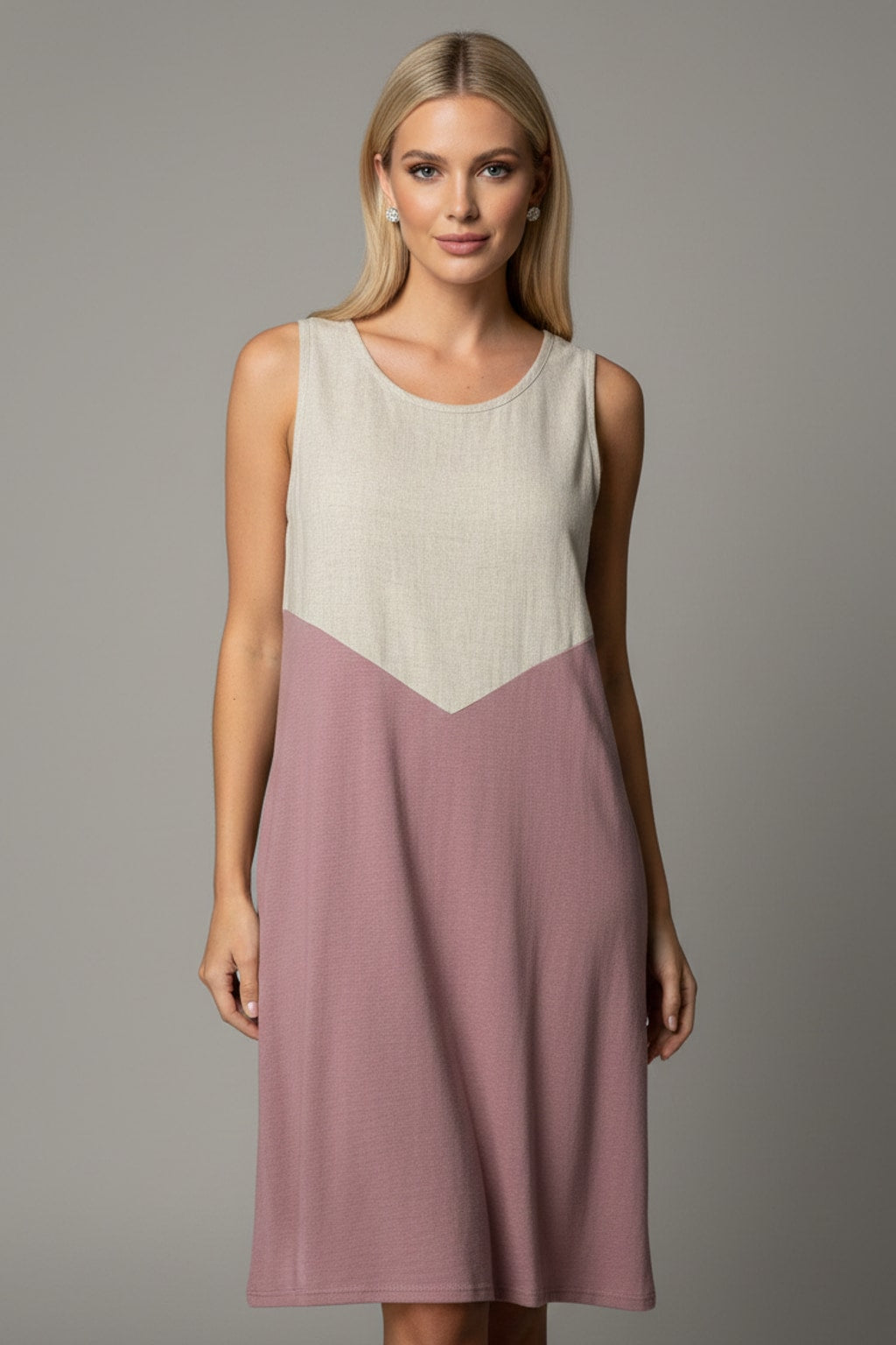 5070 Desert Rose & Oatmeal Sleeveless Dress with side pockets