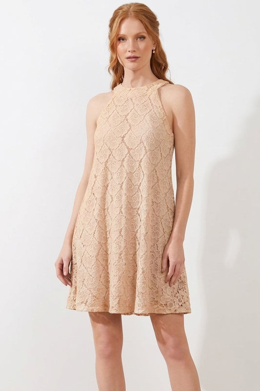 4030 Champagne Beige Lace Sleeveless Dress