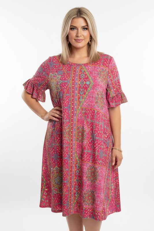 3600 Pink Boho Ruffle Sleeve Dress with side pockets Plus