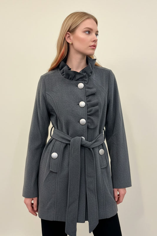 7370 Charcoal Ruffle Button-Up Coat