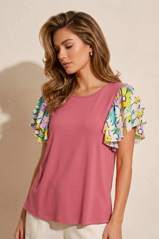 3662 Coral Bloom Flutter Sleeve Top