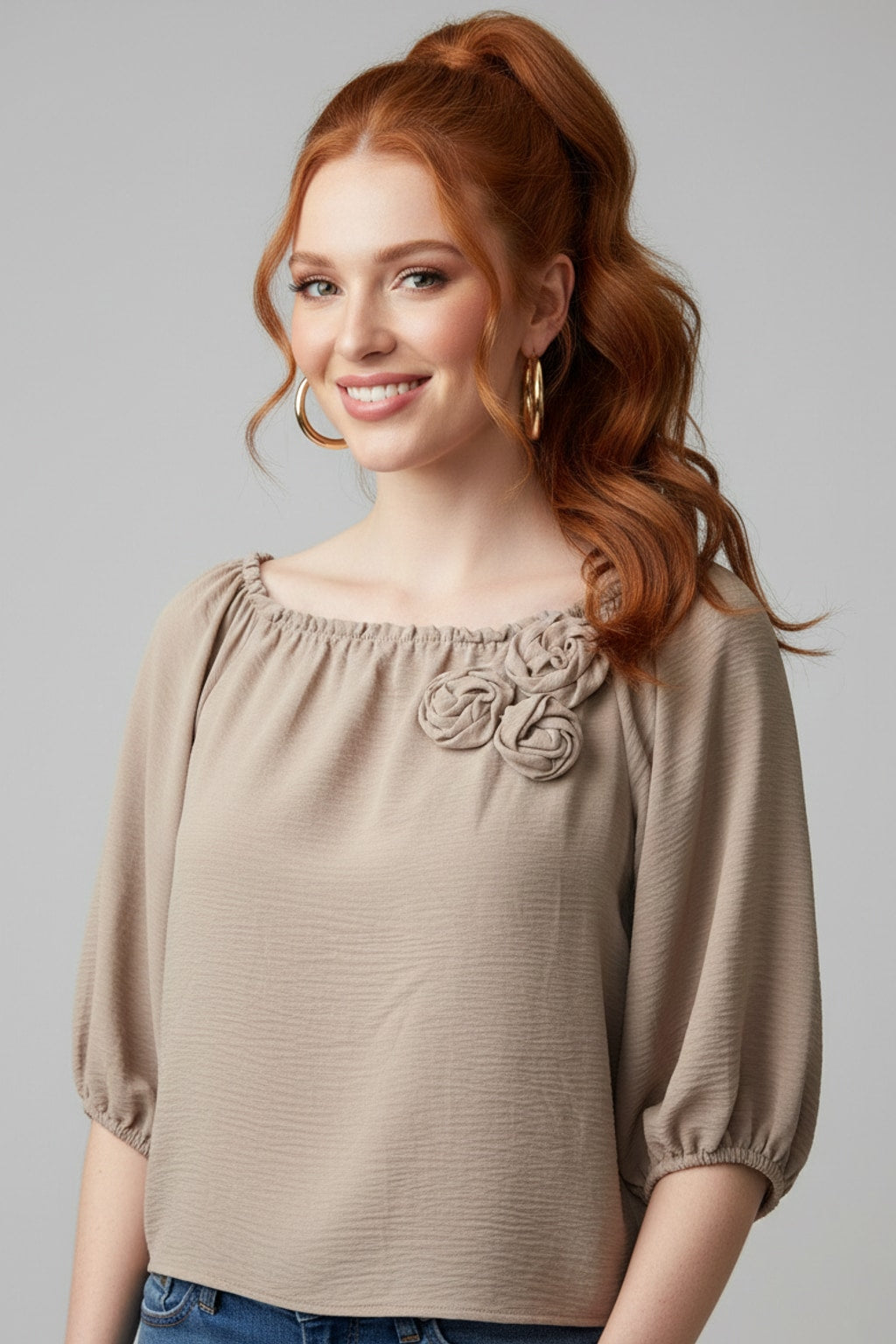 5656 Taupe with Flowers Appliqué Blouse