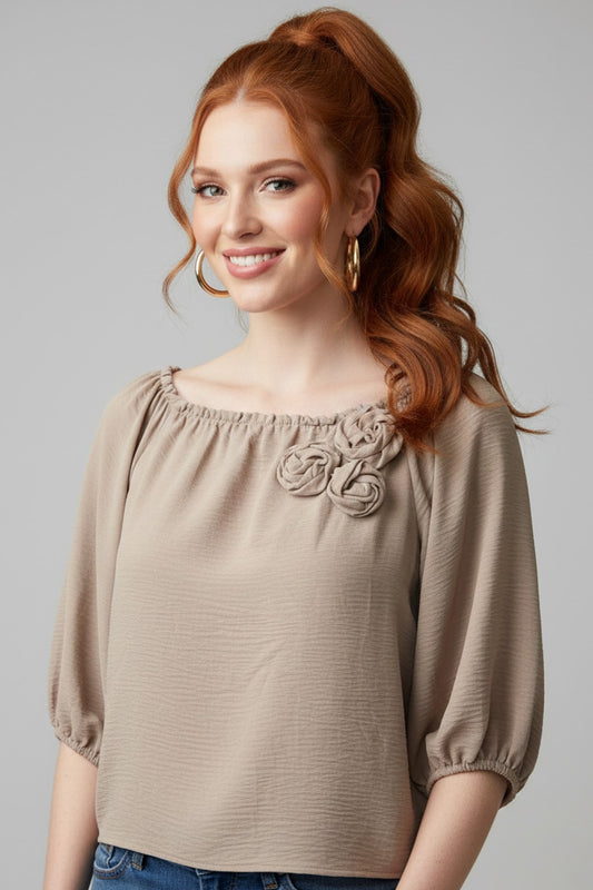5656 Taupe with Flowers Appliqué Blouse