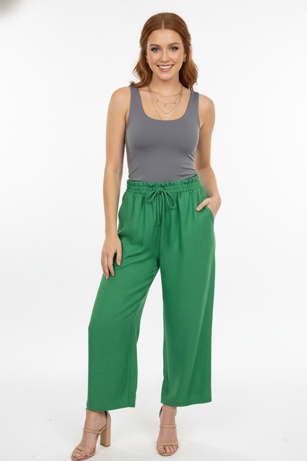 1013CC Emerald Breeze Crop Drawstring Pants with side pocket