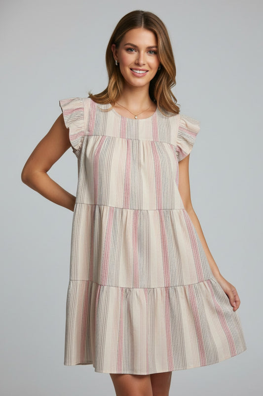 1690 Cream & Rose Stripe Tiered Dress