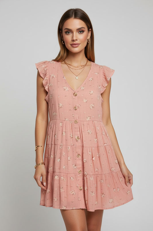 1955 Dusty Rose Ruffle Sleeve Floral Tiered Dress