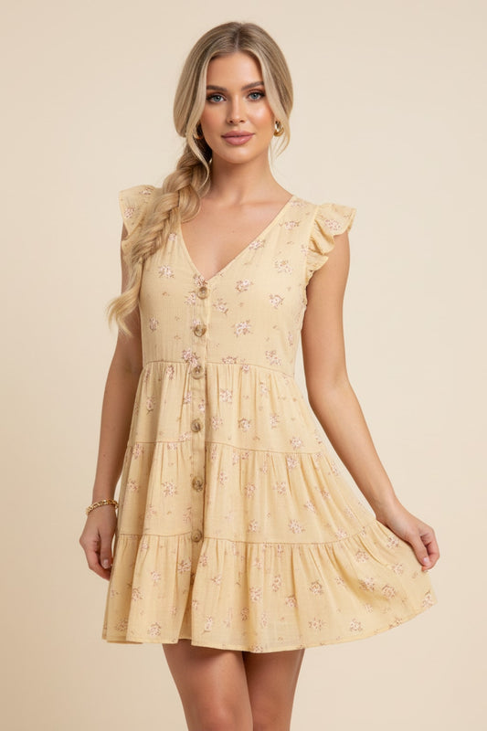1955 Buttercup Bloom Ruffle Sleeve Tiered Dress