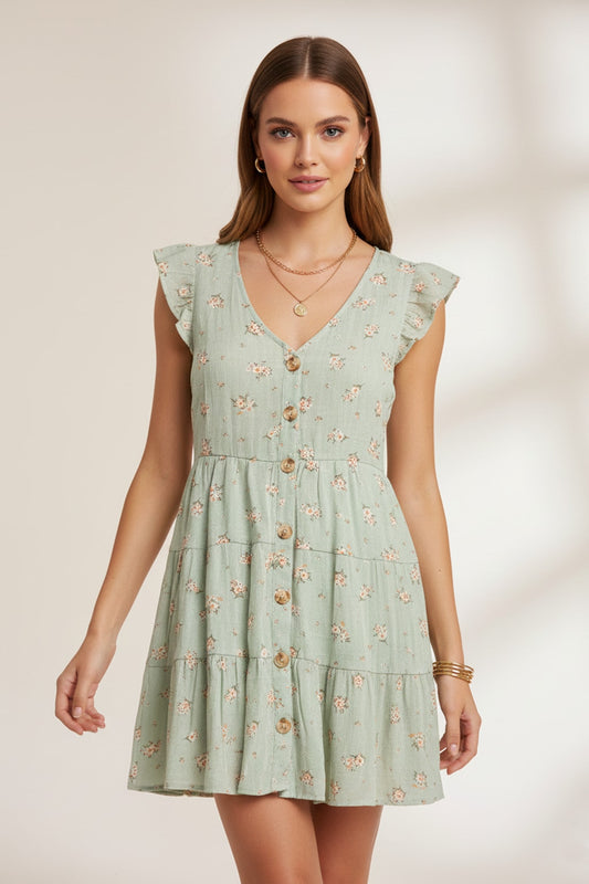 1955 Sage Ruffle Sleeve Floral Tiered Dress