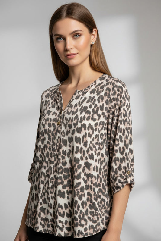 2172 Leopard Print Button-Tab Blouse