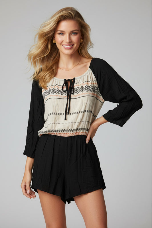 3043 Black & Cream Boho 3/4 Length Sleeve Romper