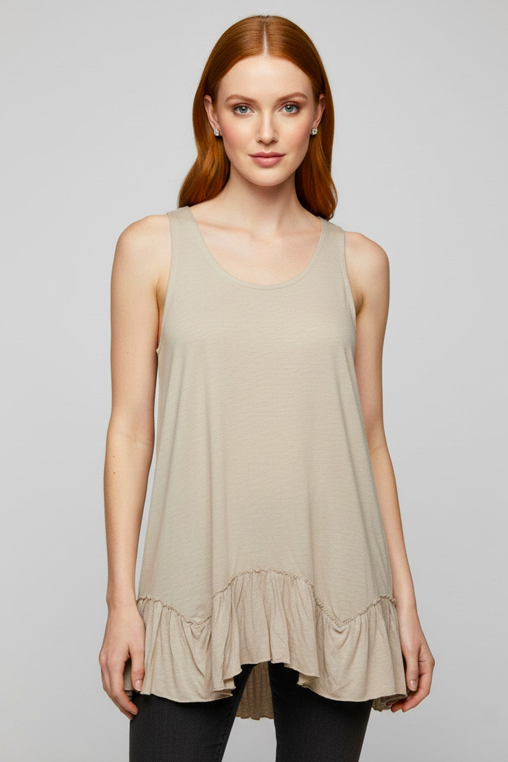 319 Beige Ruffle-Hem Sleeveless Top