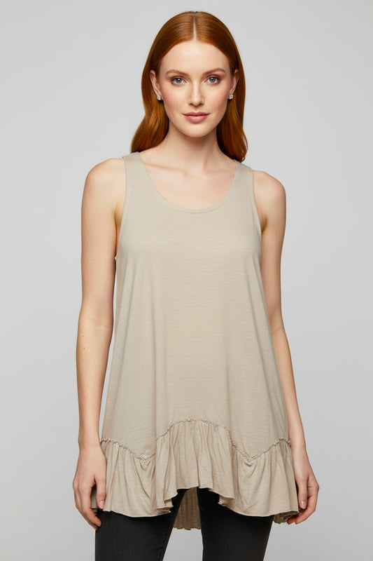 319 Beige Ruffle-Hem Sleeveless Top