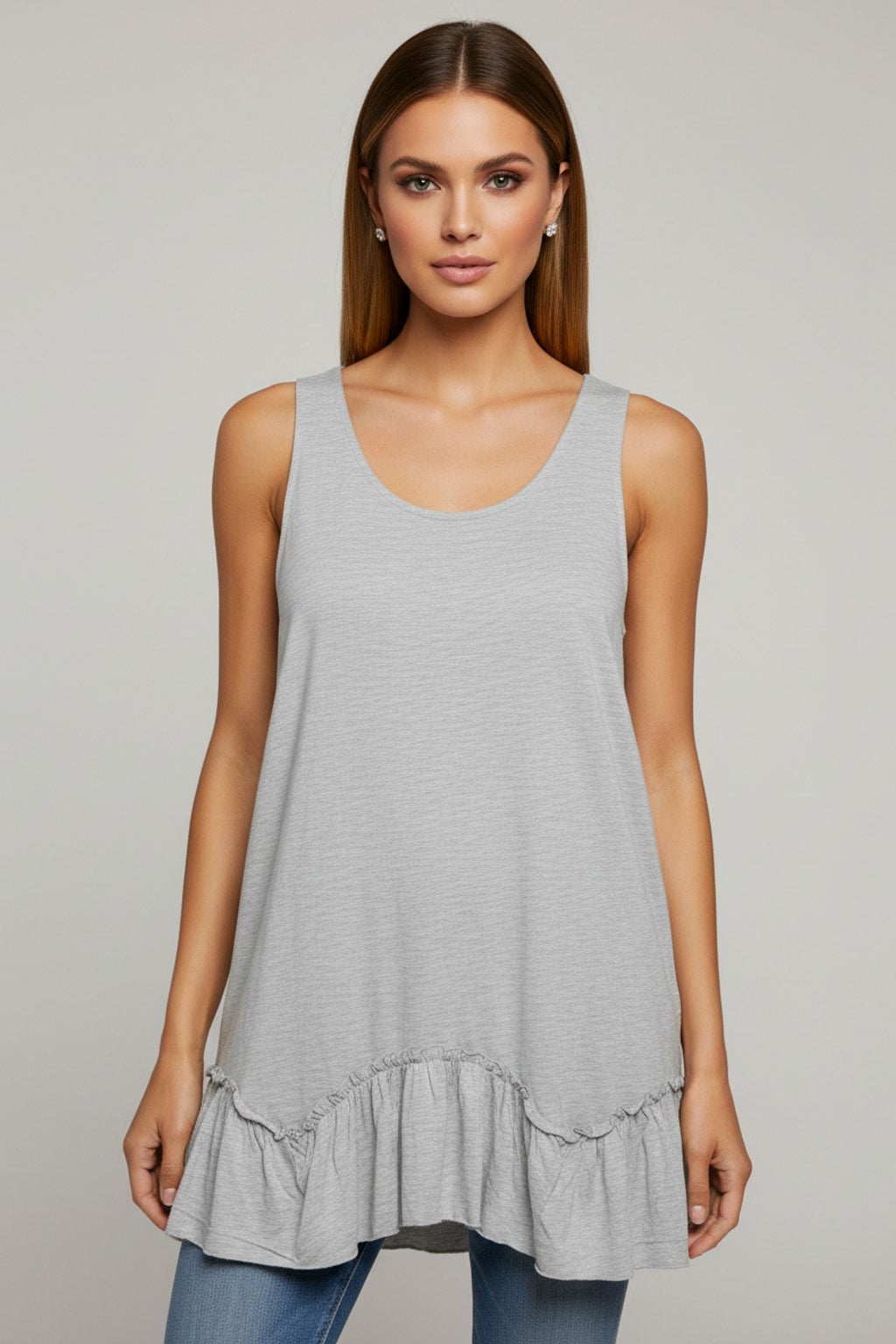 319 Gray Ruffle-Hem Sleeveless Top