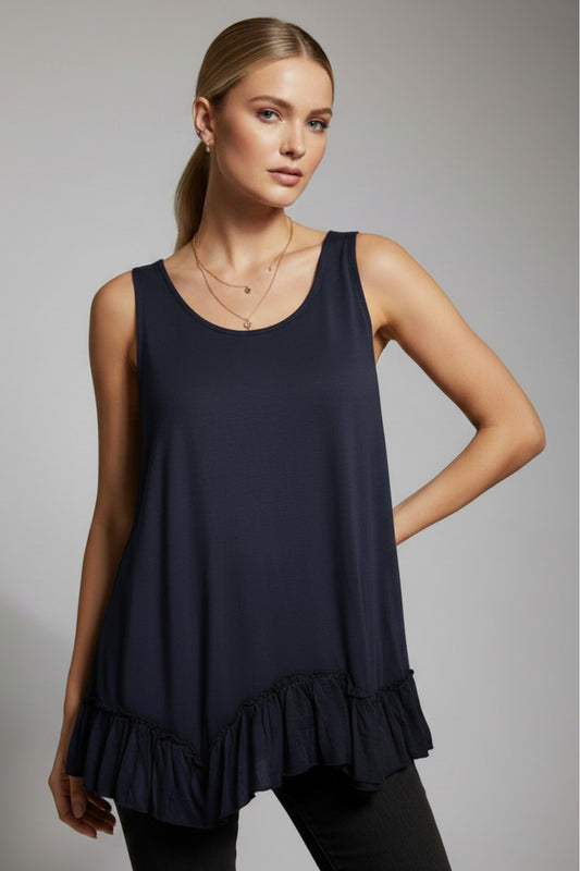 319 Navy Blue Ruffle-Hem Sleeveless Top