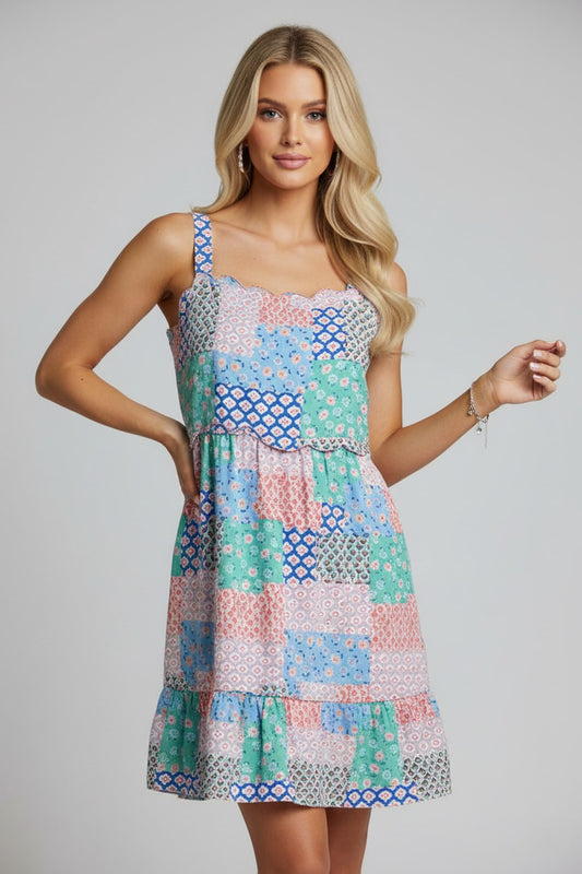33794 Sky Garden Patchwork Floral Lined Sleeveless Dress