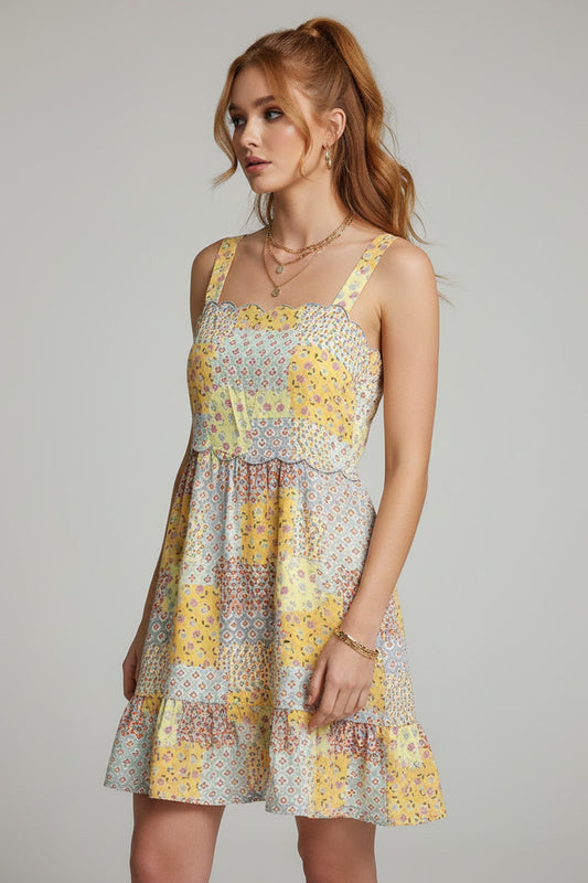 33794 Yellow Gray Patchwork Floral Lined Sleeveless Dress