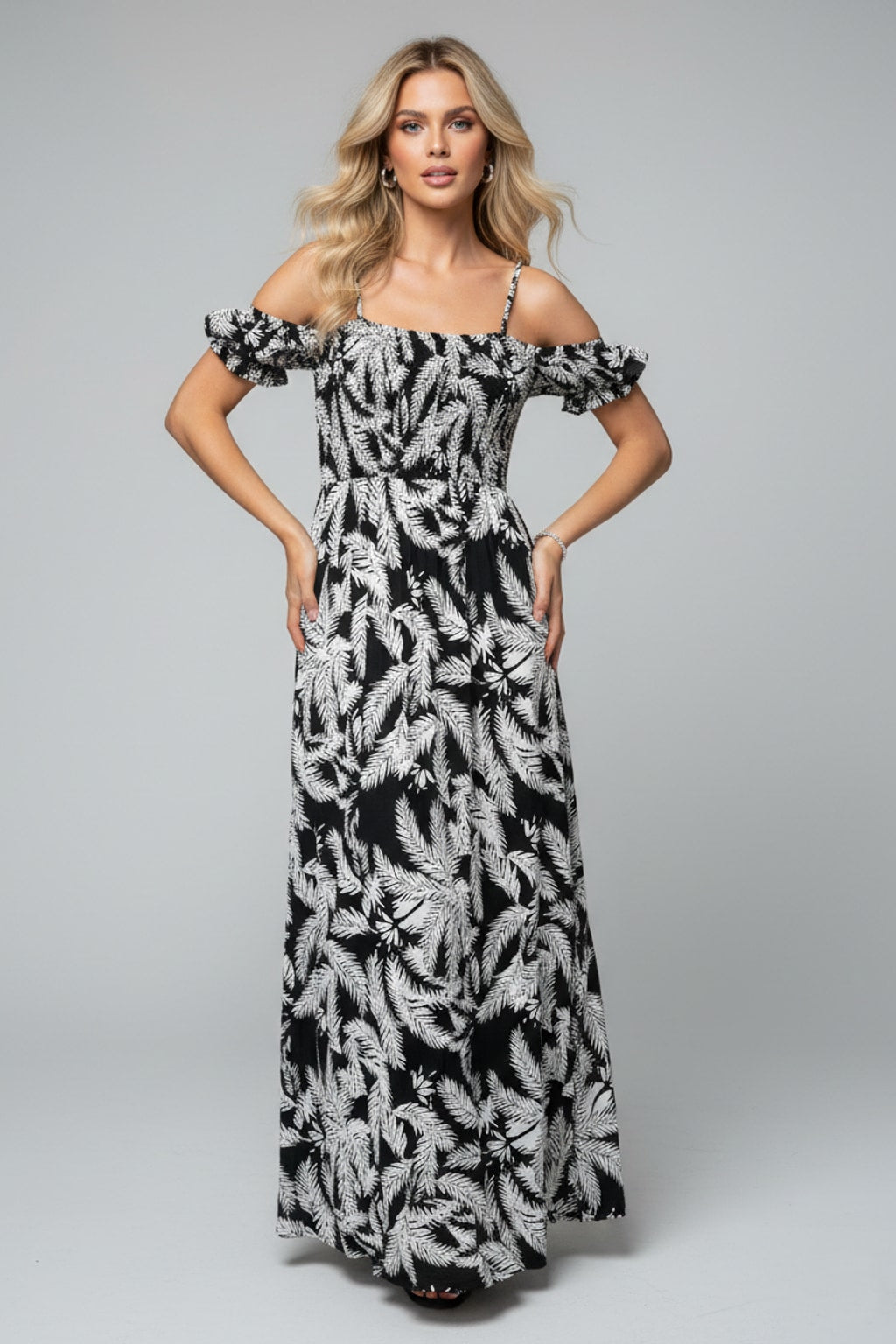 3610 Tropical Smocked Maxi Dress