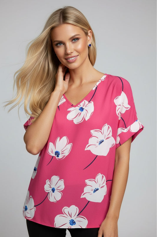 3758 Magenta Floral V-Neck Blouse