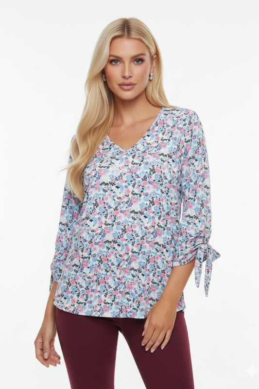 3866 Romantic Light Blue Floral Tie Sleeve Top