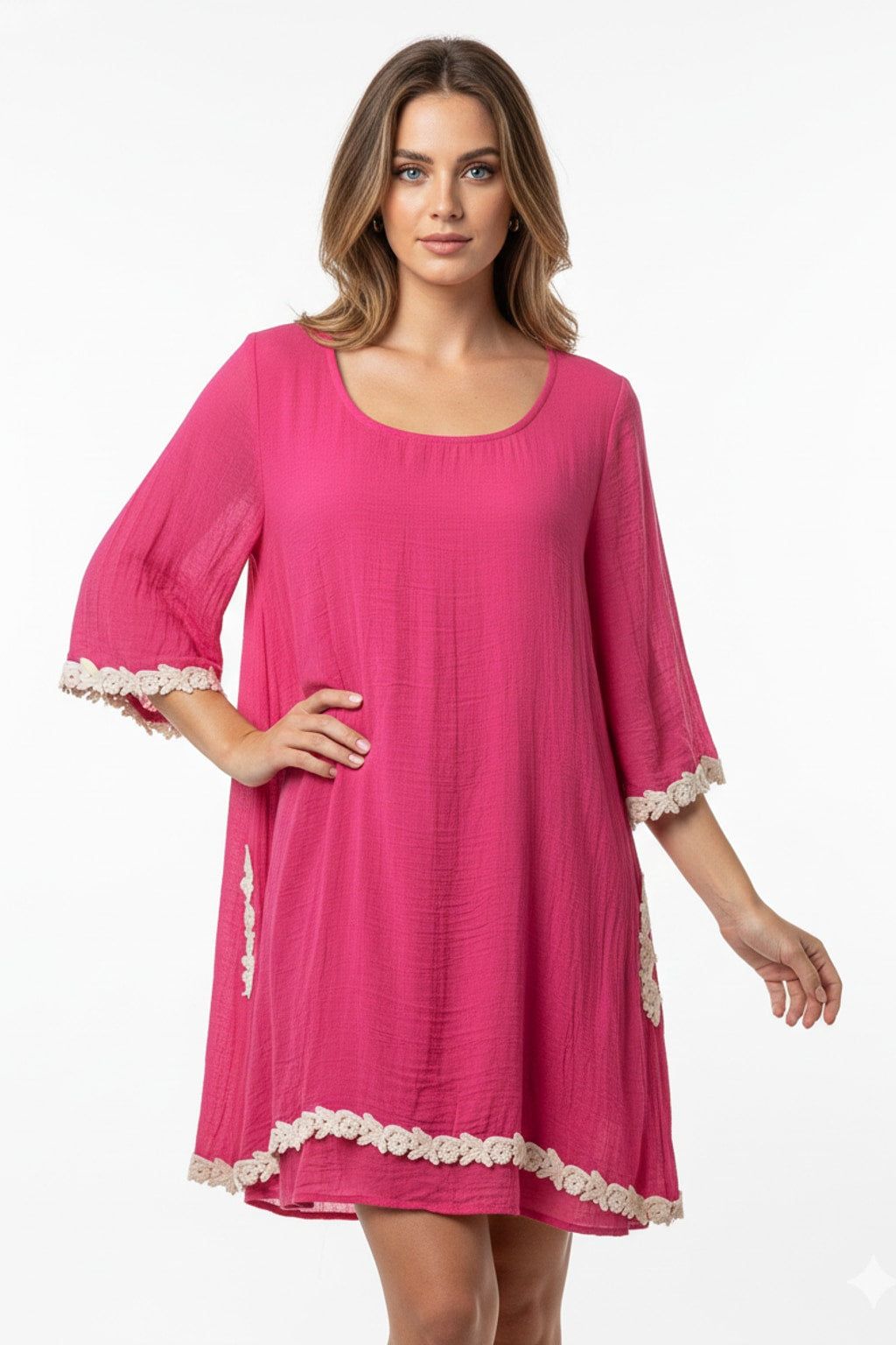 4357 Raspberry Boho Lace-Trim Dress with side pockets