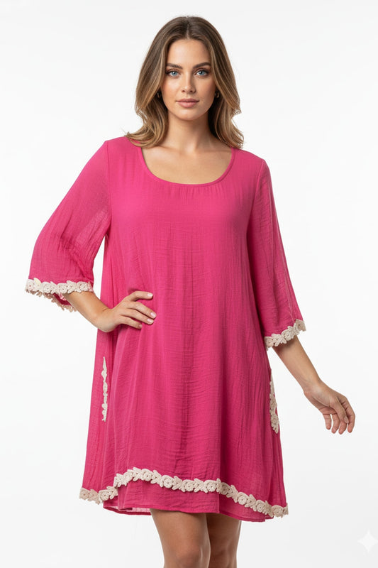 4357 Raspberry Boho Lace-Trim Dress with side pockets