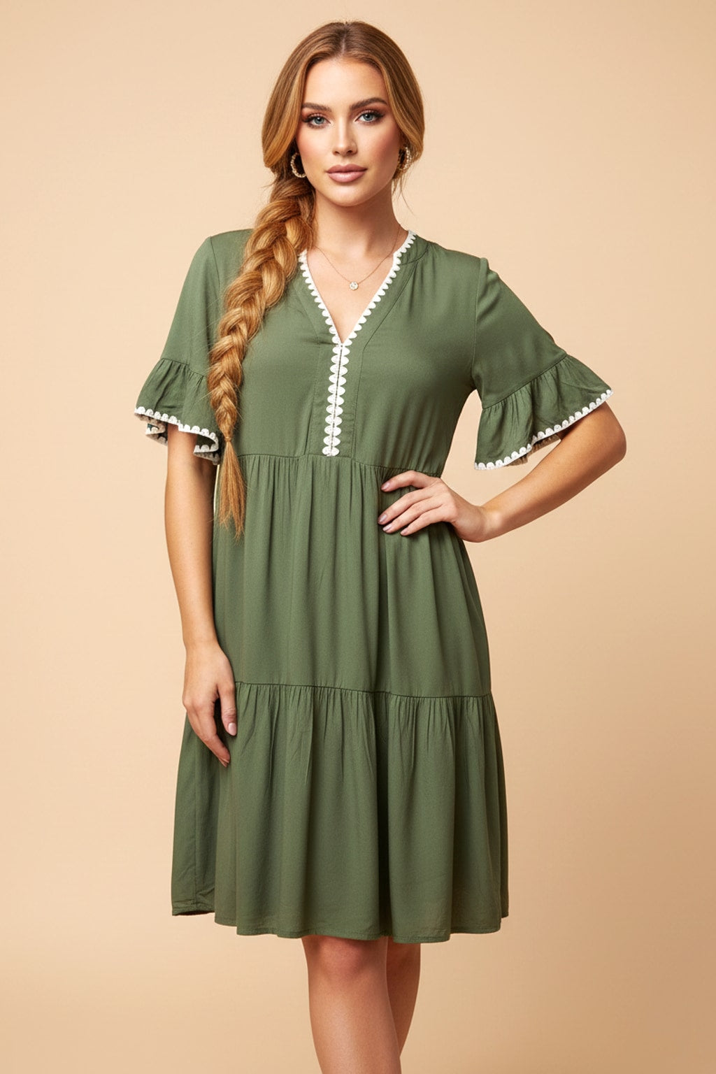 5253 Olive Tiered Scallop Smock Dress
