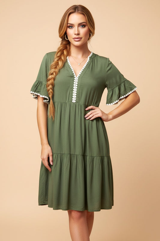 5253 Olive Tiered Scallop Smock Dress