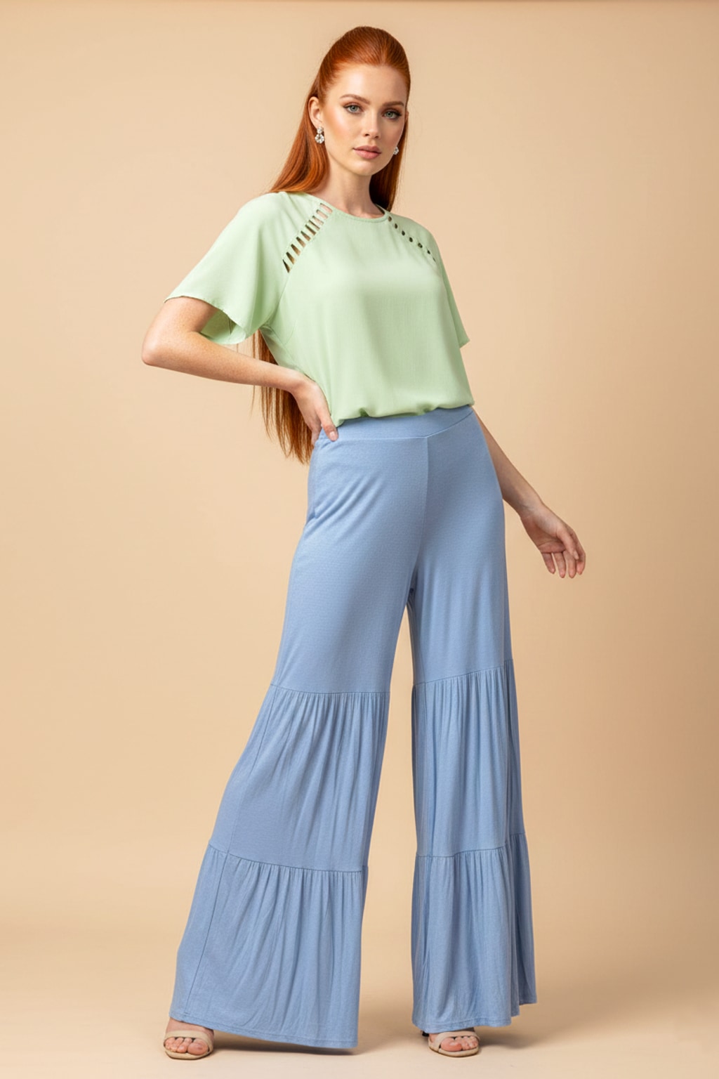 5613 Powder Blue Boho Tiered Pants