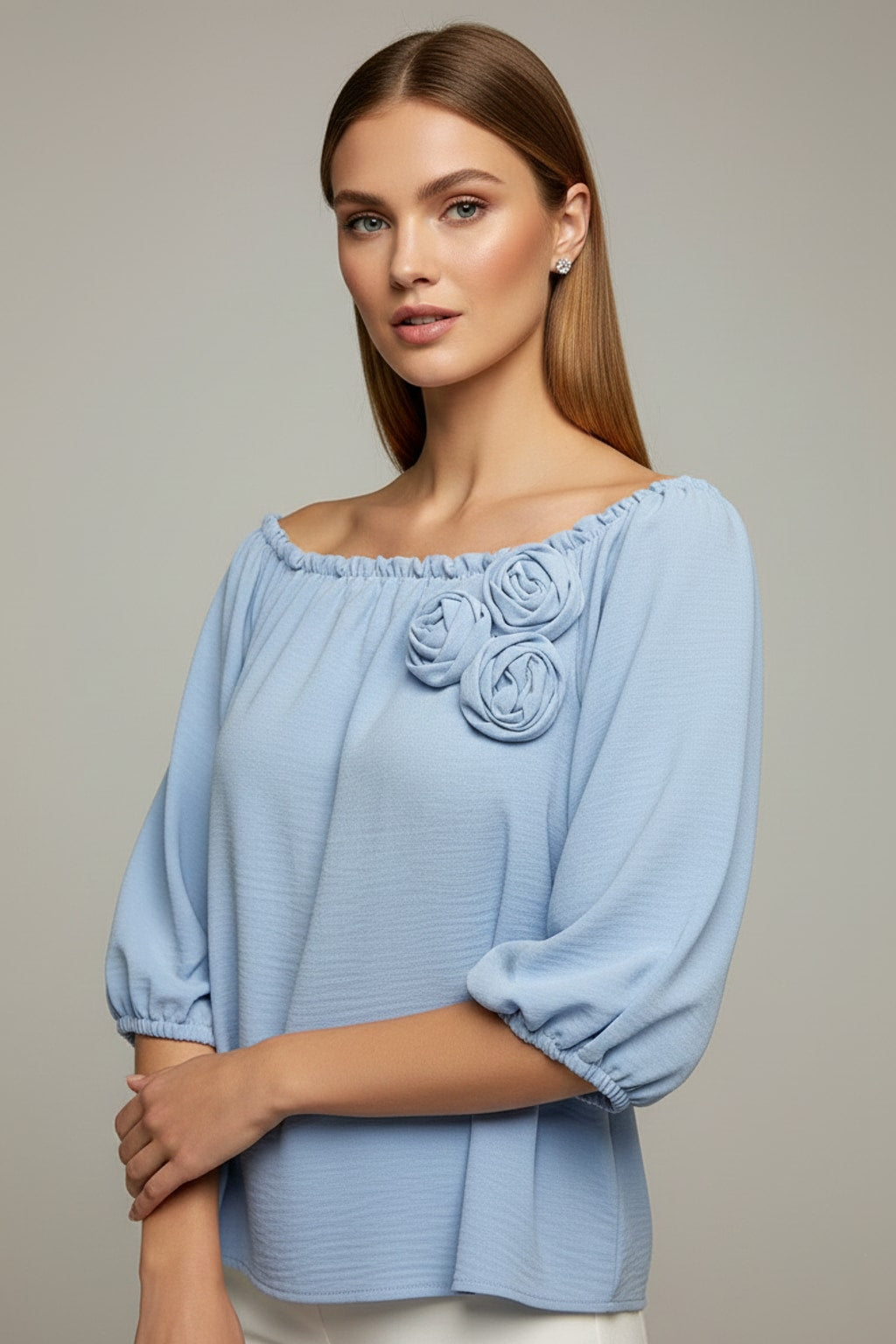 5656 Sky Blue with Flowers Appliqué Blouse