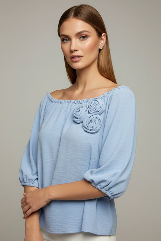 5656 Sky Blue with Flowers Appliqué Blouse