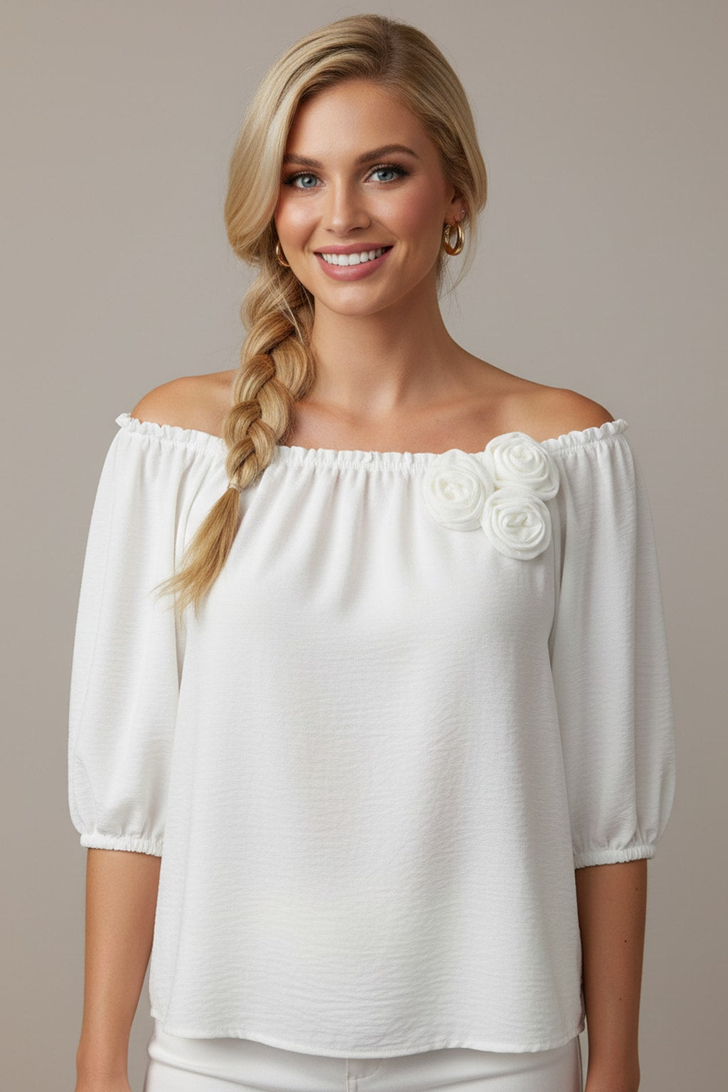 5656 Whimsical White with Flowers Appliqué Blouse