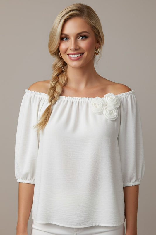5656 Whimsical White with Flowers Appliqué Blouse