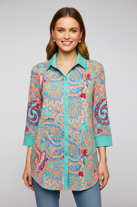 5753 Seafoam & Coral Paisley Top