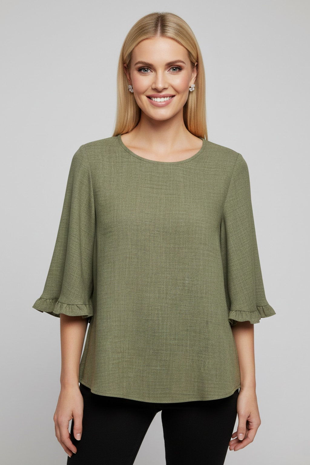 5695CC Dusty Olive Ruffle-Cuff Blouse