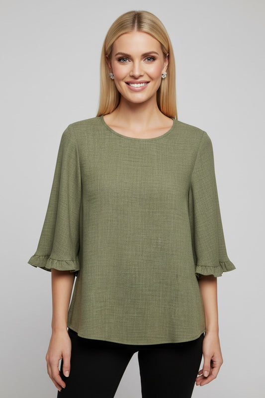 5695CC Dusty Olive Ruffle-Cuff Blouse
