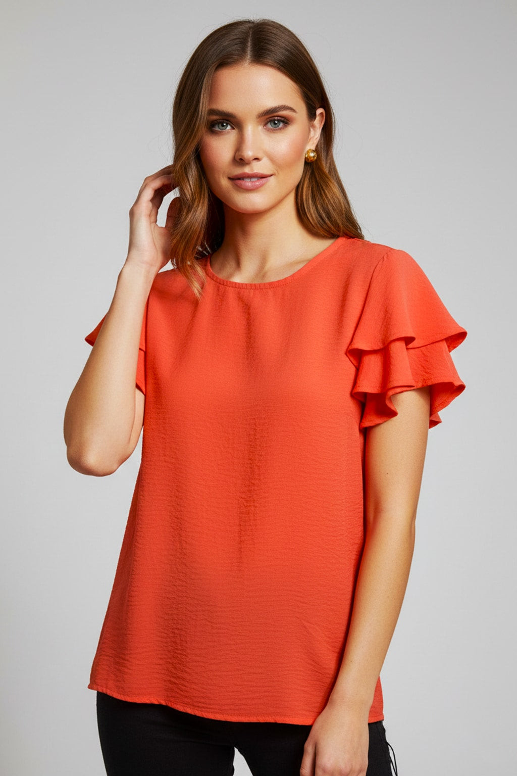 5812 Coral Orange Ruffle-Sleeve Button-Back Blouse