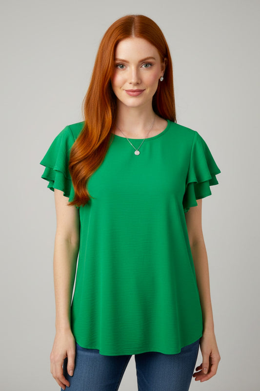 5812 Green Ruffle-Sleeve Button-Back Blouse