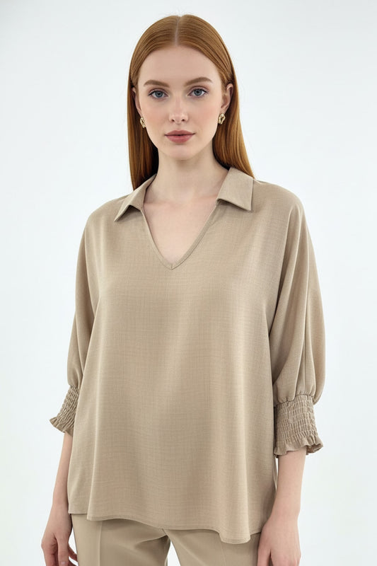 5820CC Sandy Beige Smocked Sleeve Blouse