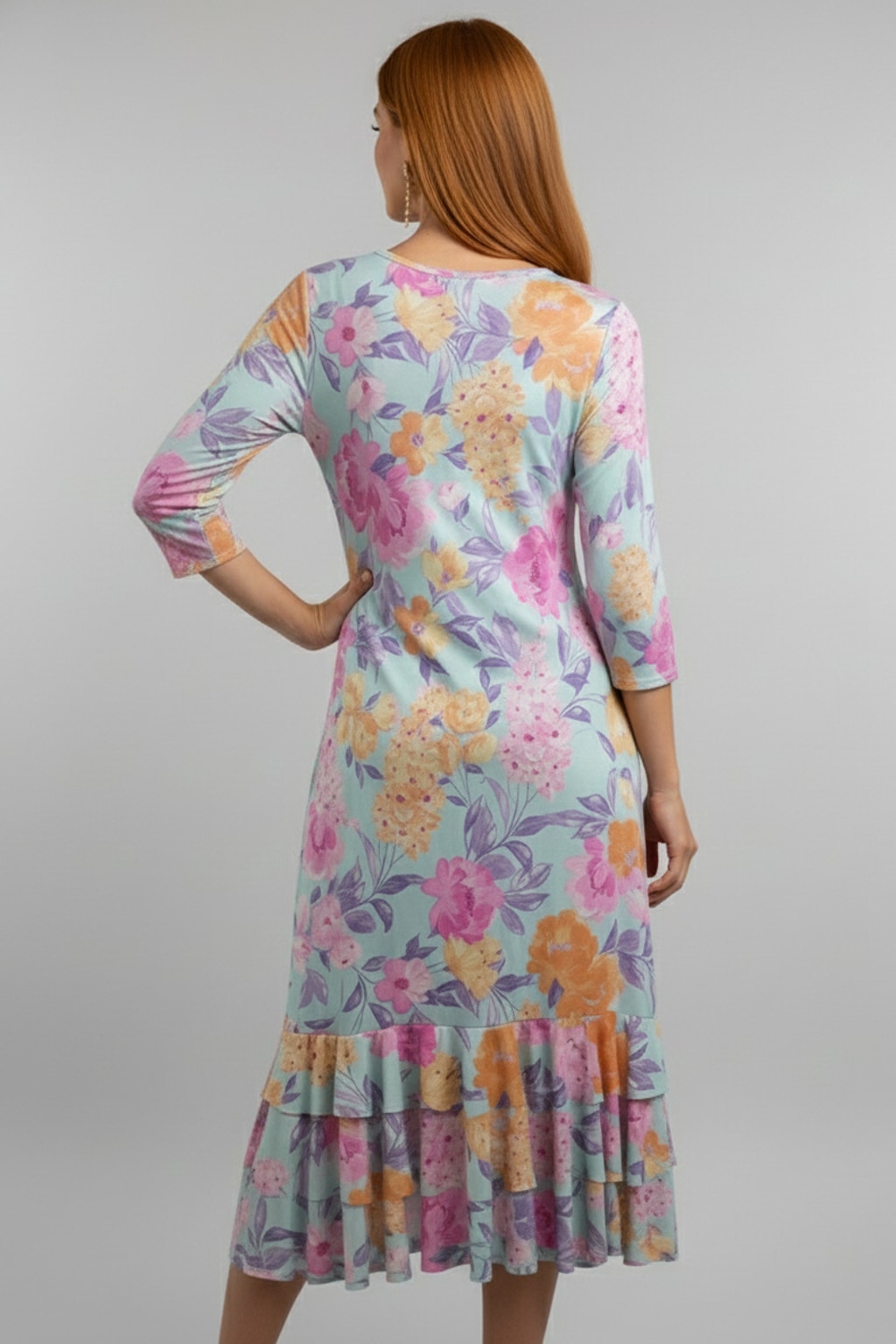 5861 Aqua Blossom Ruffled Midi Dress