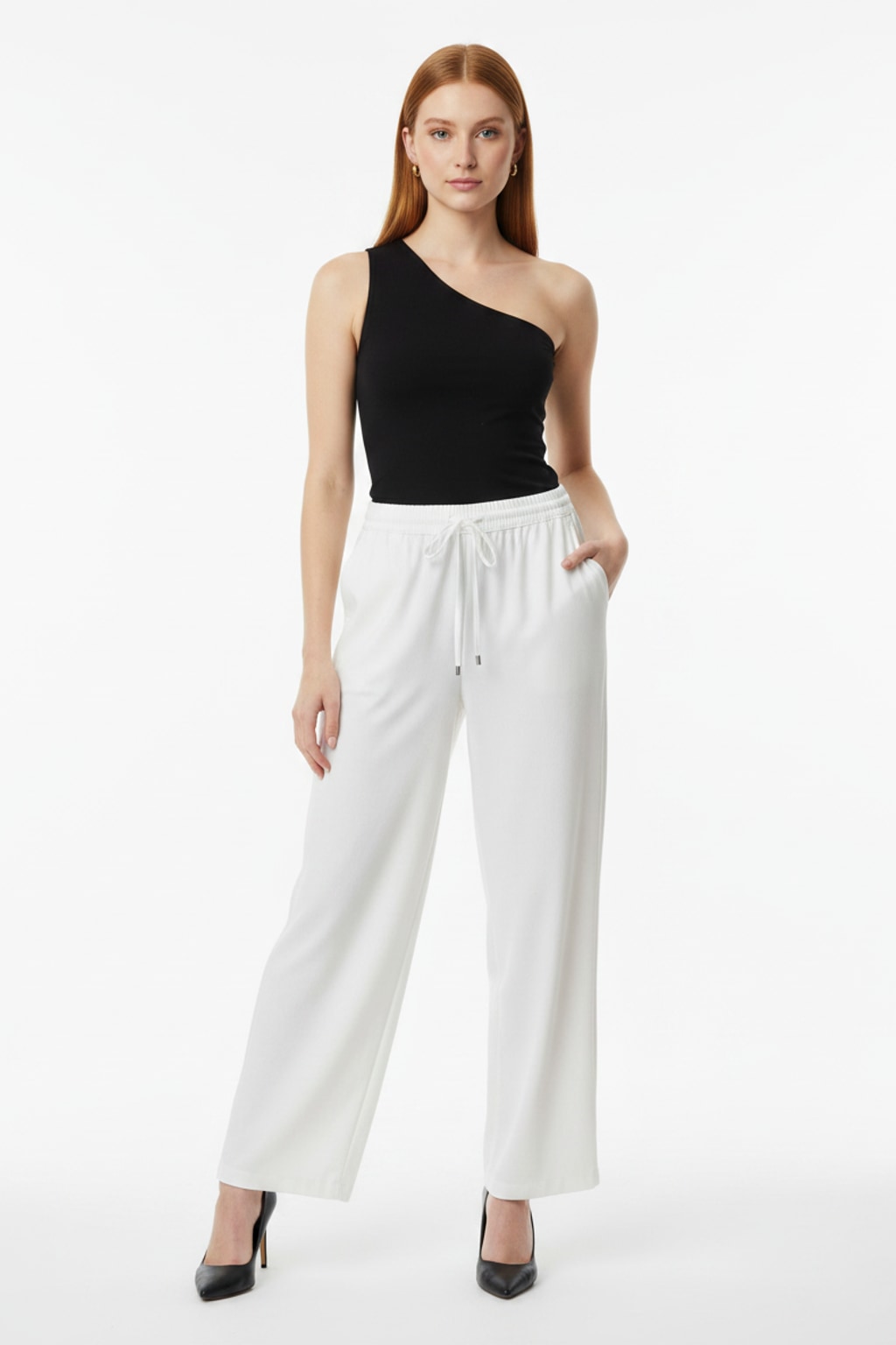 6978 White Wide-Leg Drawstring Linen Pants with pockets