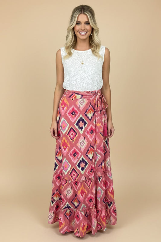 Sk-101 Pink Boho Diamond Tiered Ruffle Skirt