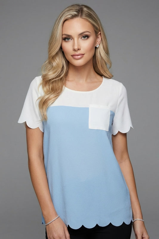 1431 Sky Blue & White Scalloped Blouse
