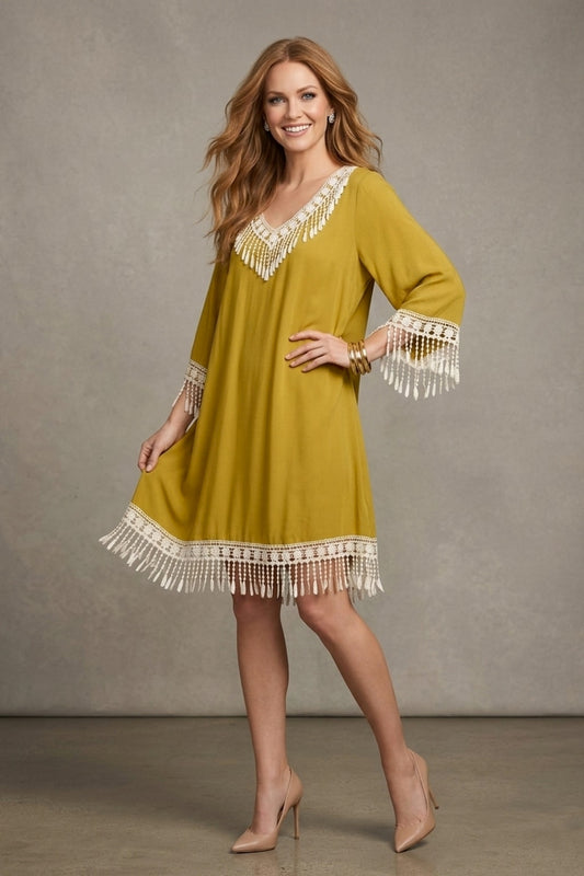 3422 Mustard Fringe Crochet Dress