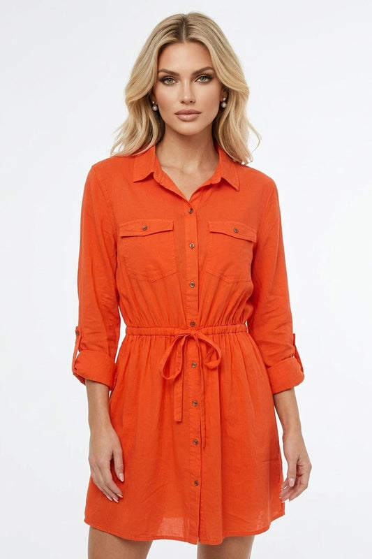 4394 Orange Button Down Dress Drawstring Tie